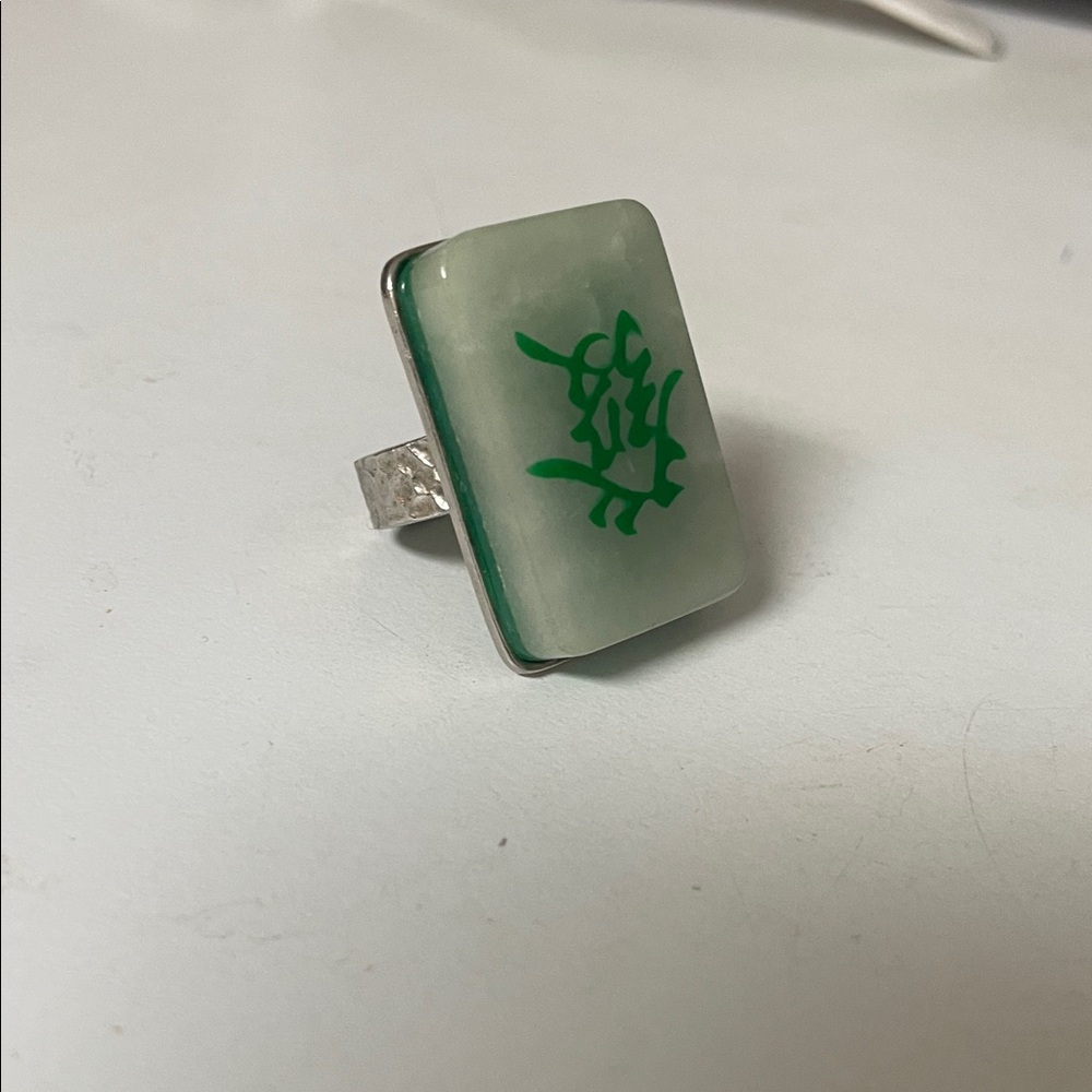 Green Stone Rectangle Statement Ring 925 silver